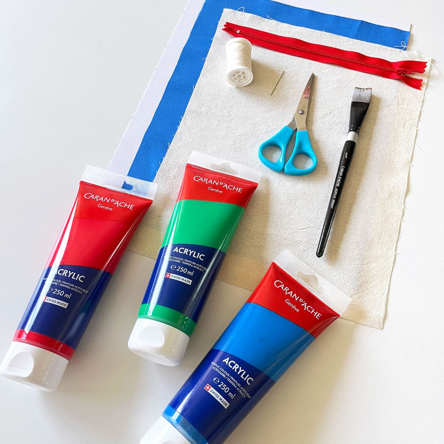 DIY acrylic painting supplies scissors brush fabric fastener and thread  