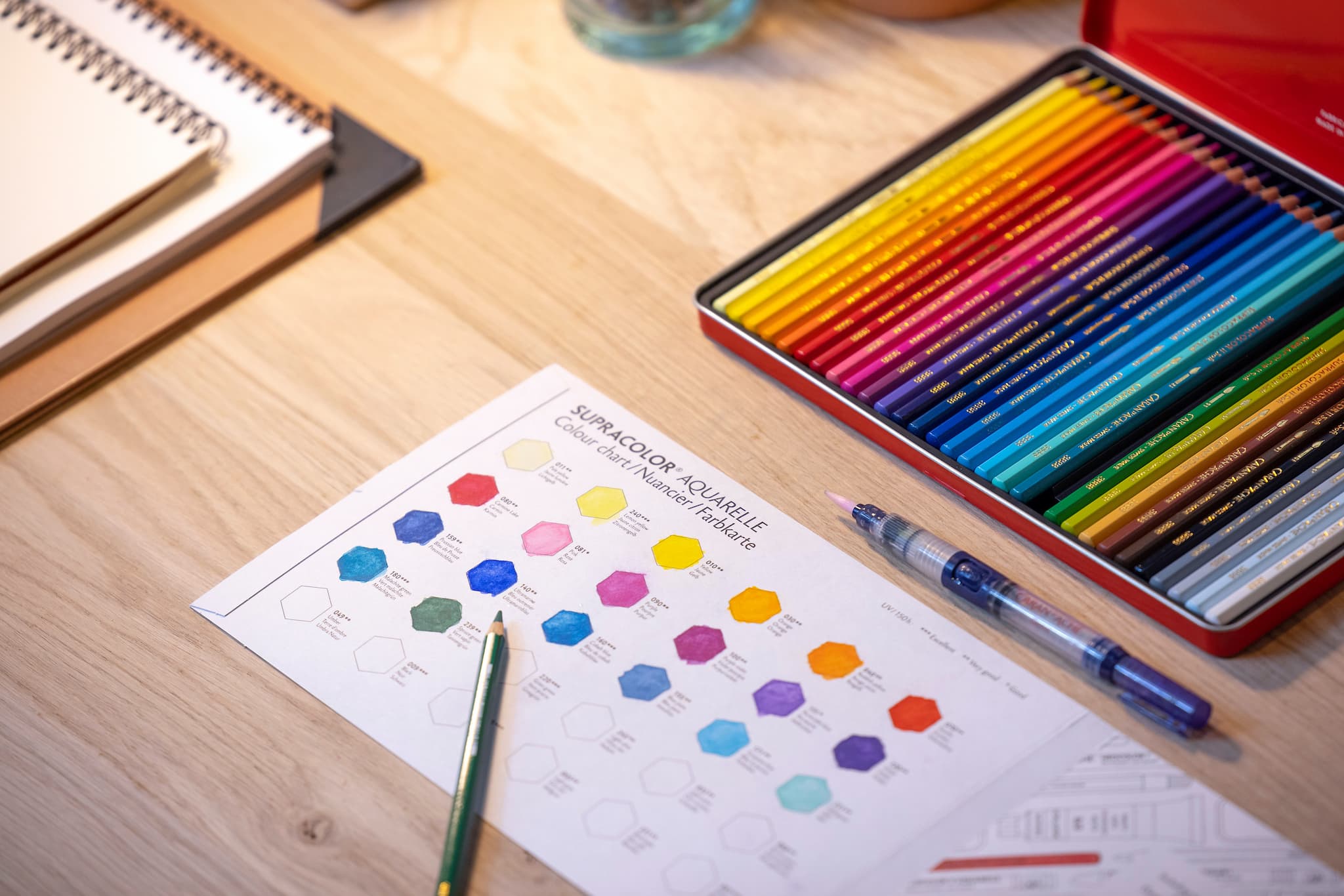 box of supracolor aquarelle pencils and shades of colours