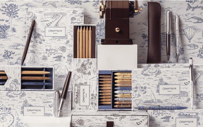 Set Stylo Bille Ecridor™ Toile de Jouy & Étui en Cuir Bordeaux